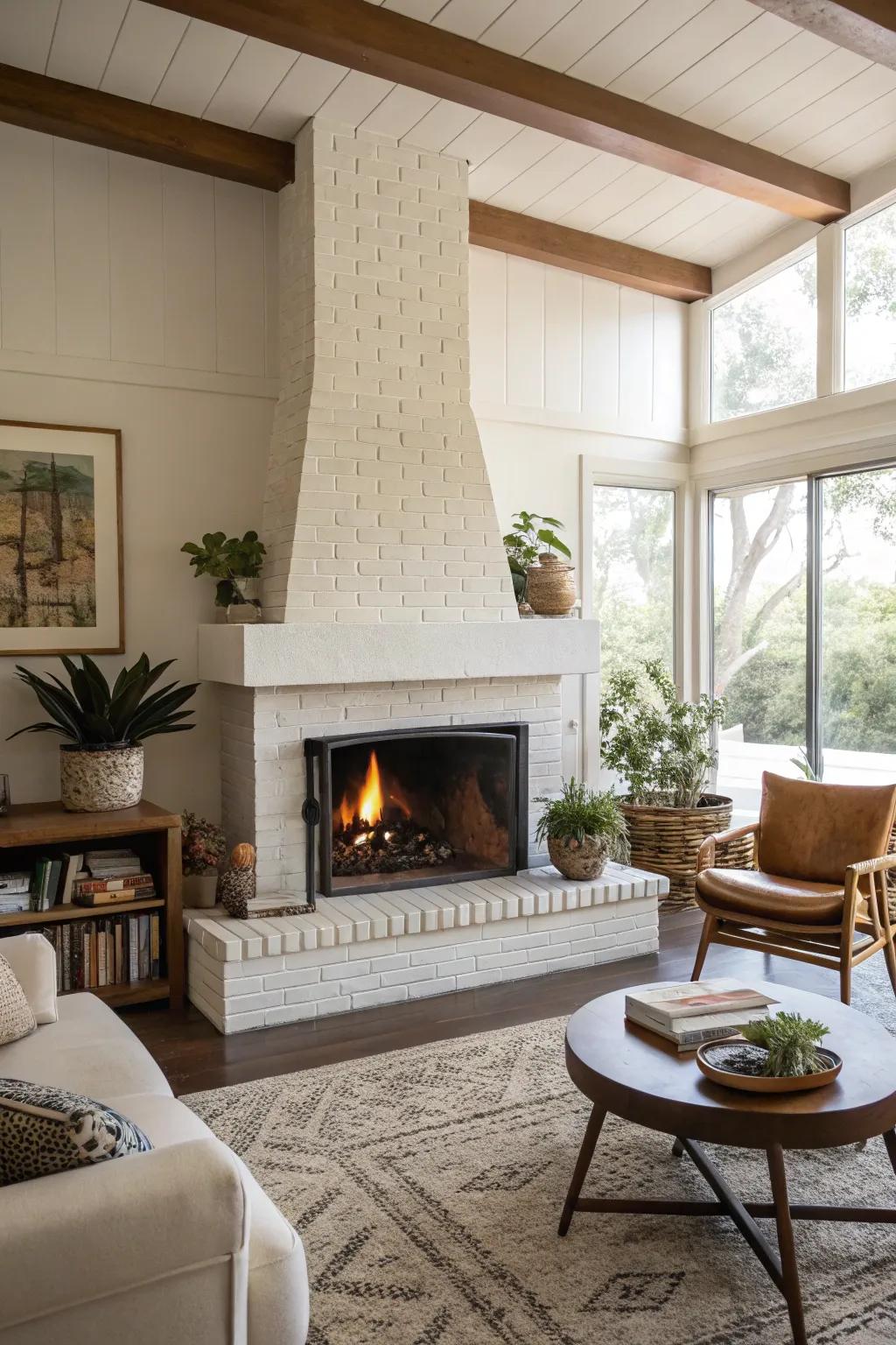 A sleek mid-century modern living room featuring a minimal central fireplace.