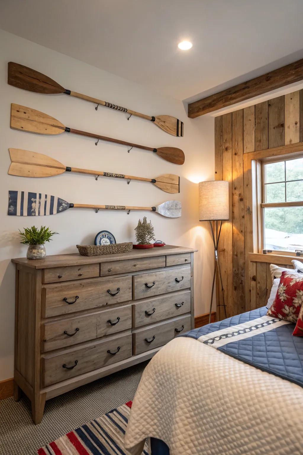 Oars on the wall create a striking nautical statement.