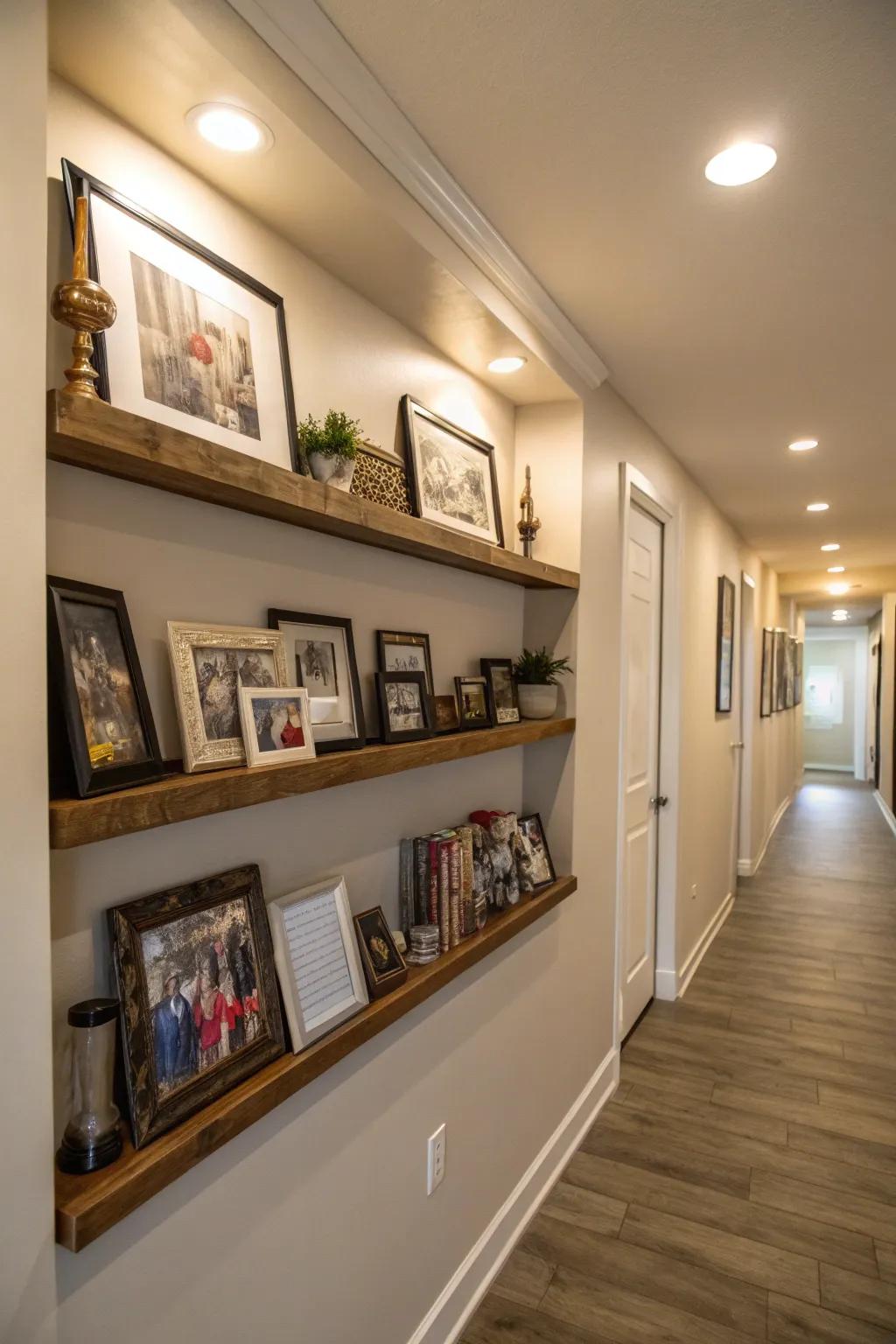 Floating shelves in the hallway for a personal touch.