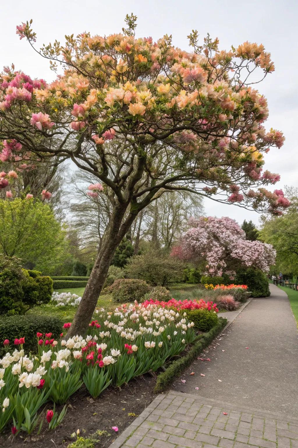 Seasonal blooms ensure this tree's flower bed is always a visual treat.