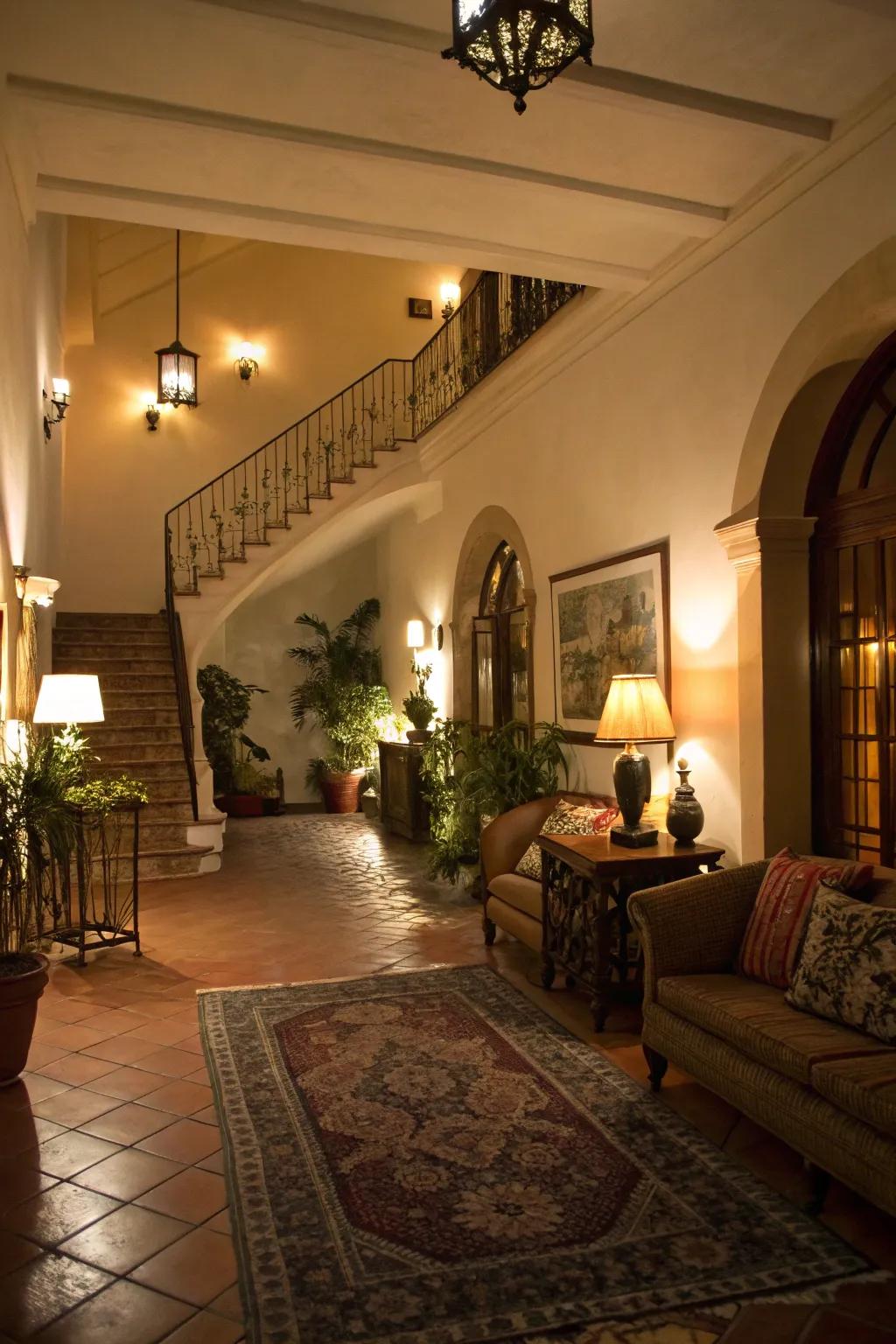 Ambient lighting creates a welcoming and comfortable foyer.