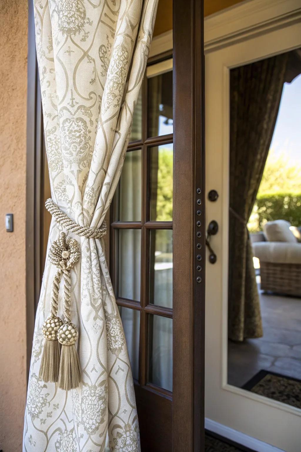 Unique tiebacks adding a personal touch to front door curtains.