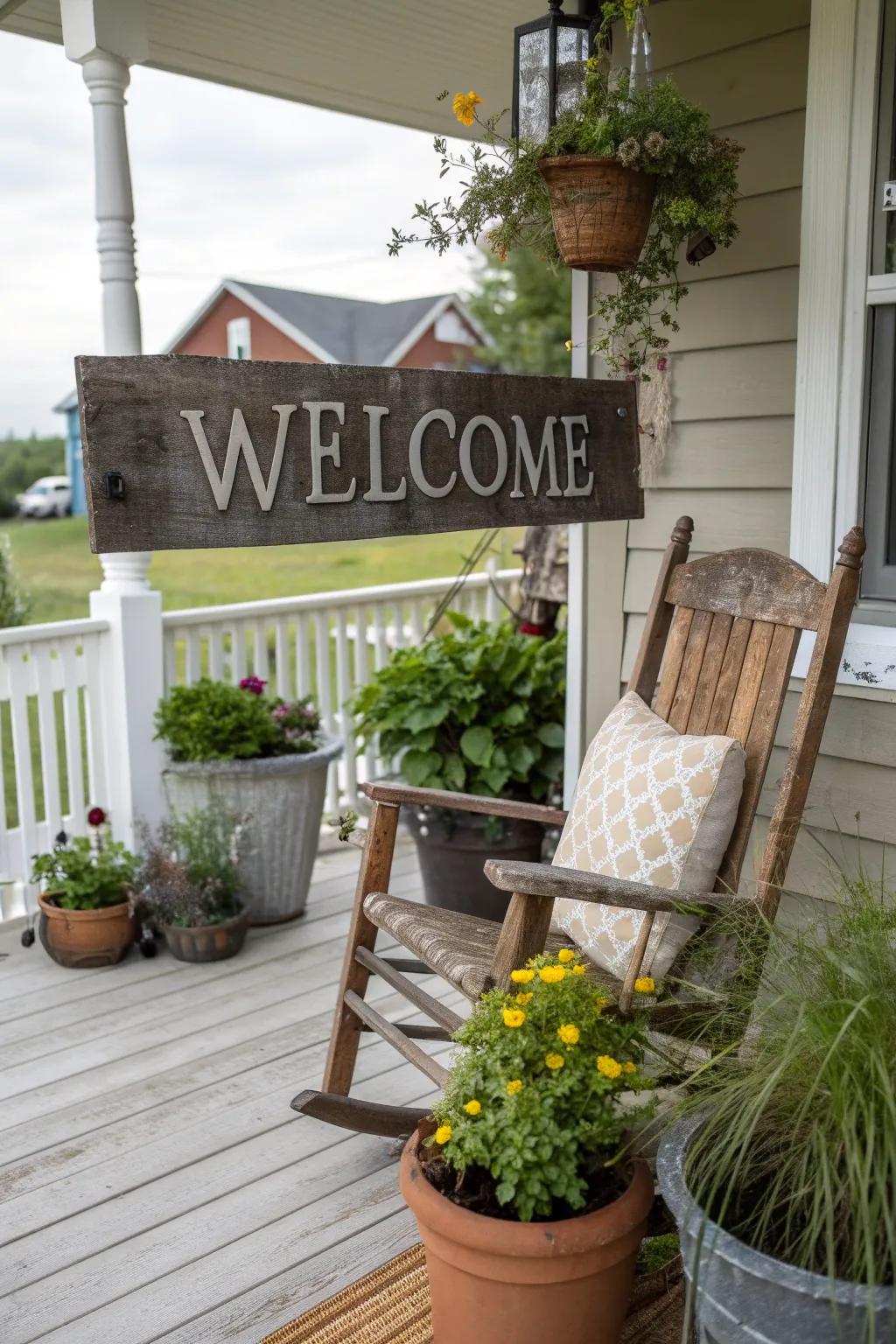 A rustic reclaimed wooden sign displaying a welcome message on a front porch.