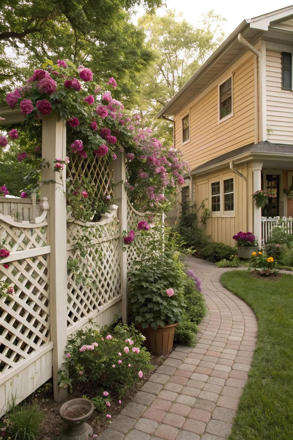 Lattice fences support climbing plants and add charm.