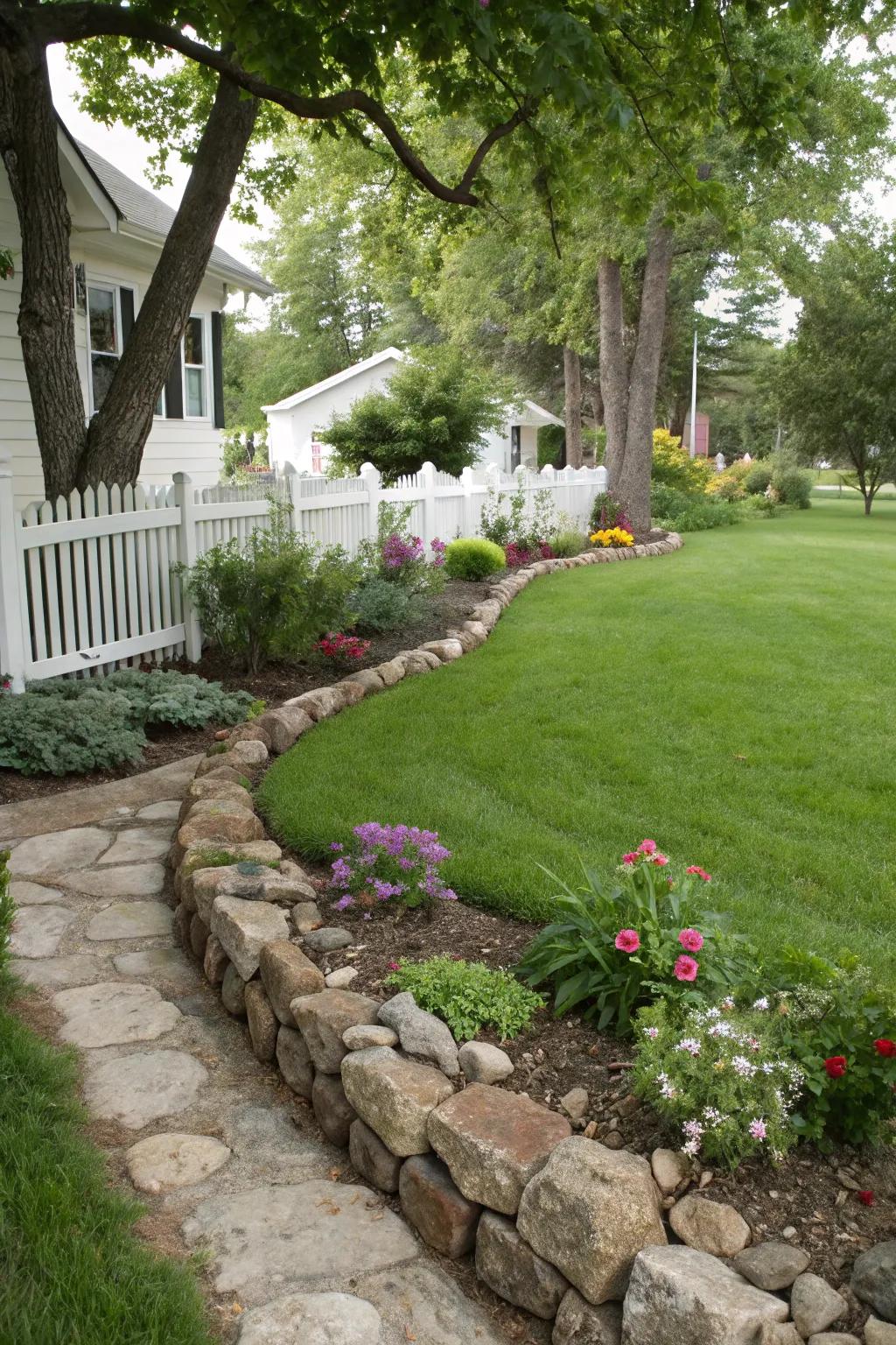 Stone edging provides a clean and defined look to the landscape.