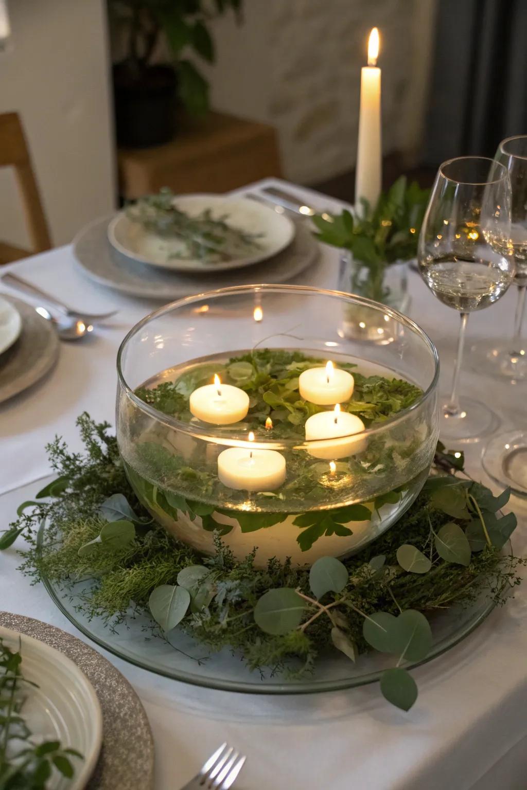 Waxlight serenity is achieved with buoyant waxlights positioned inside a clear bowl.