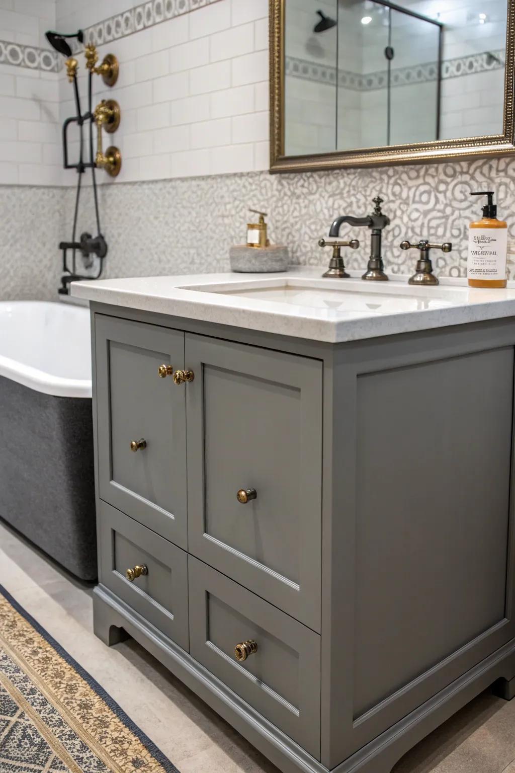 A personalized bathroom with a gray vanity and unique fixtures.