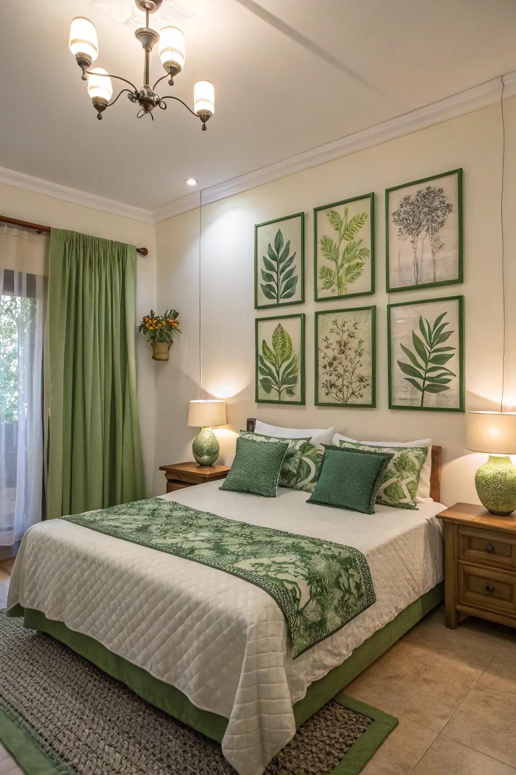 Green art pieces add a creative and personal touch to this stylish bedroom.