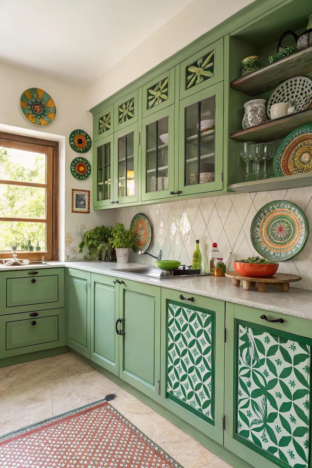 Artistic kitchen with bold geometric patterned green cabinets.