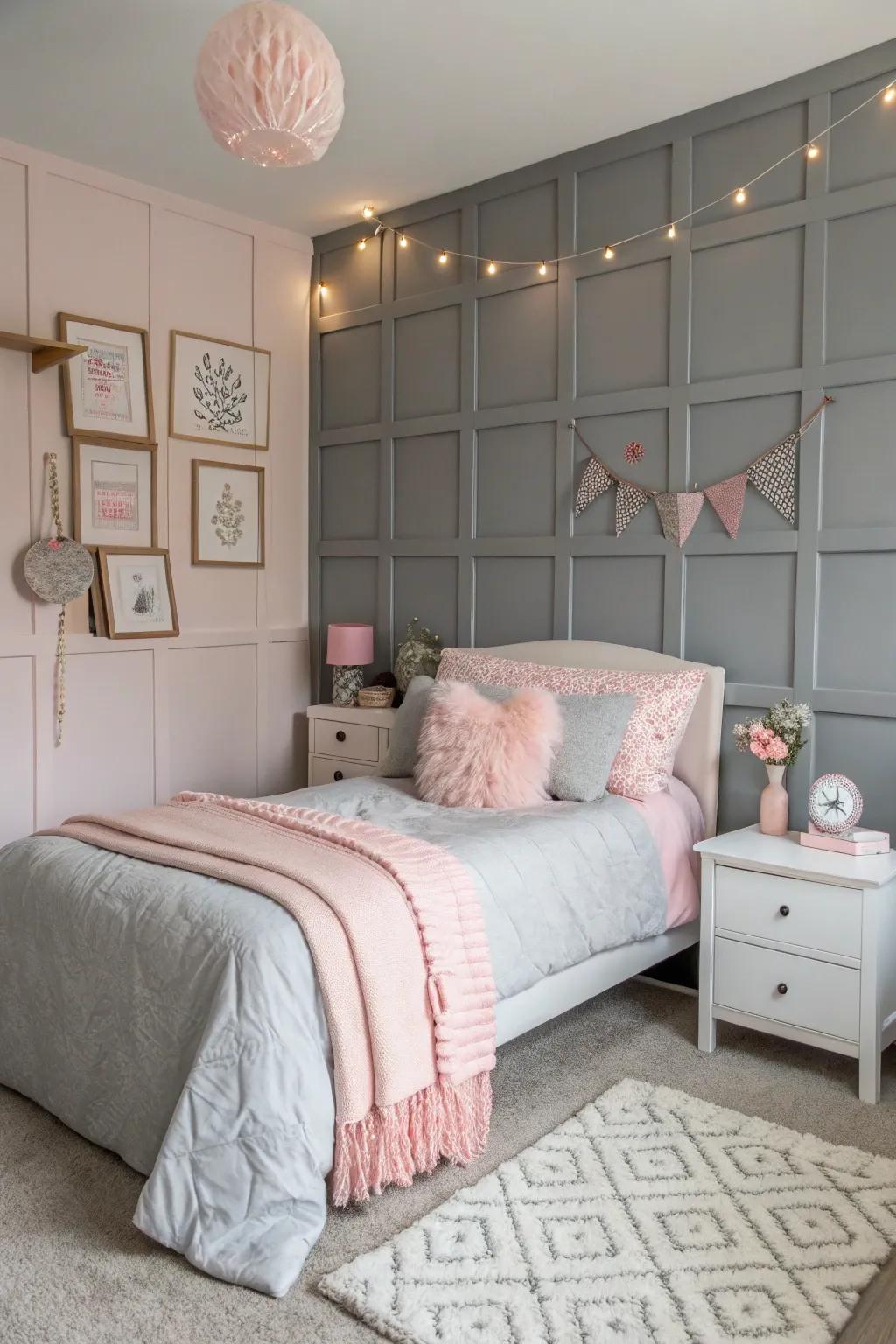 Blush accents add romance to the grey accent wall.