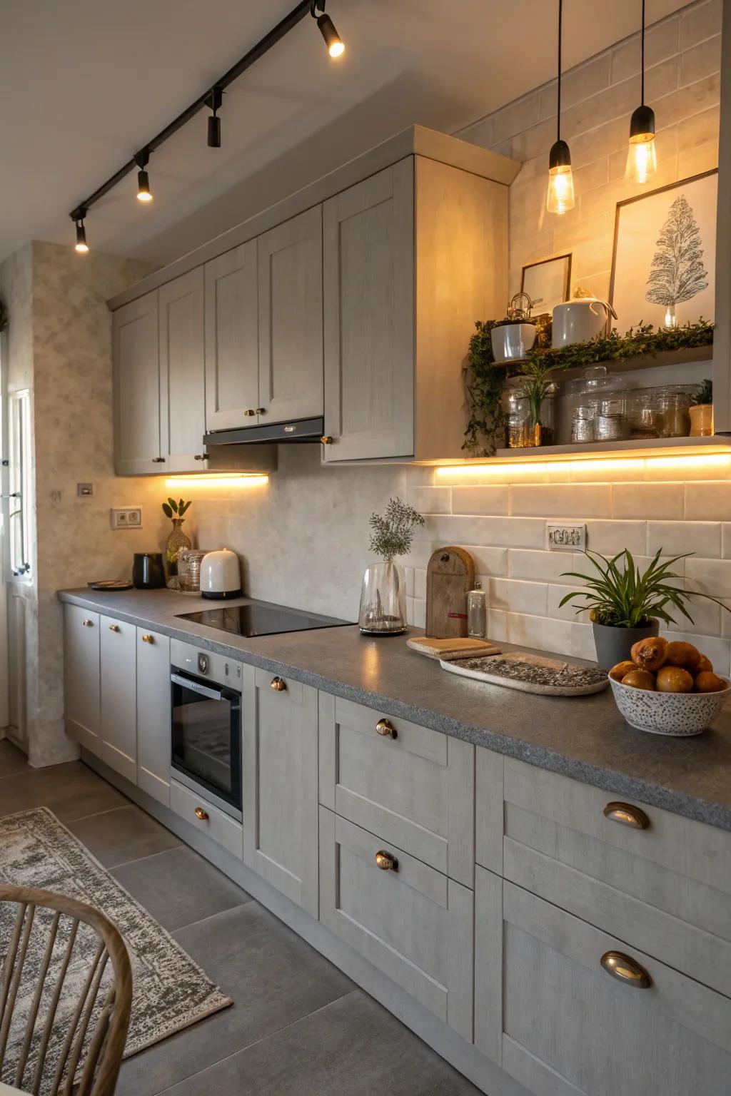 Warm lighting enhances the elegance of grey countertops.