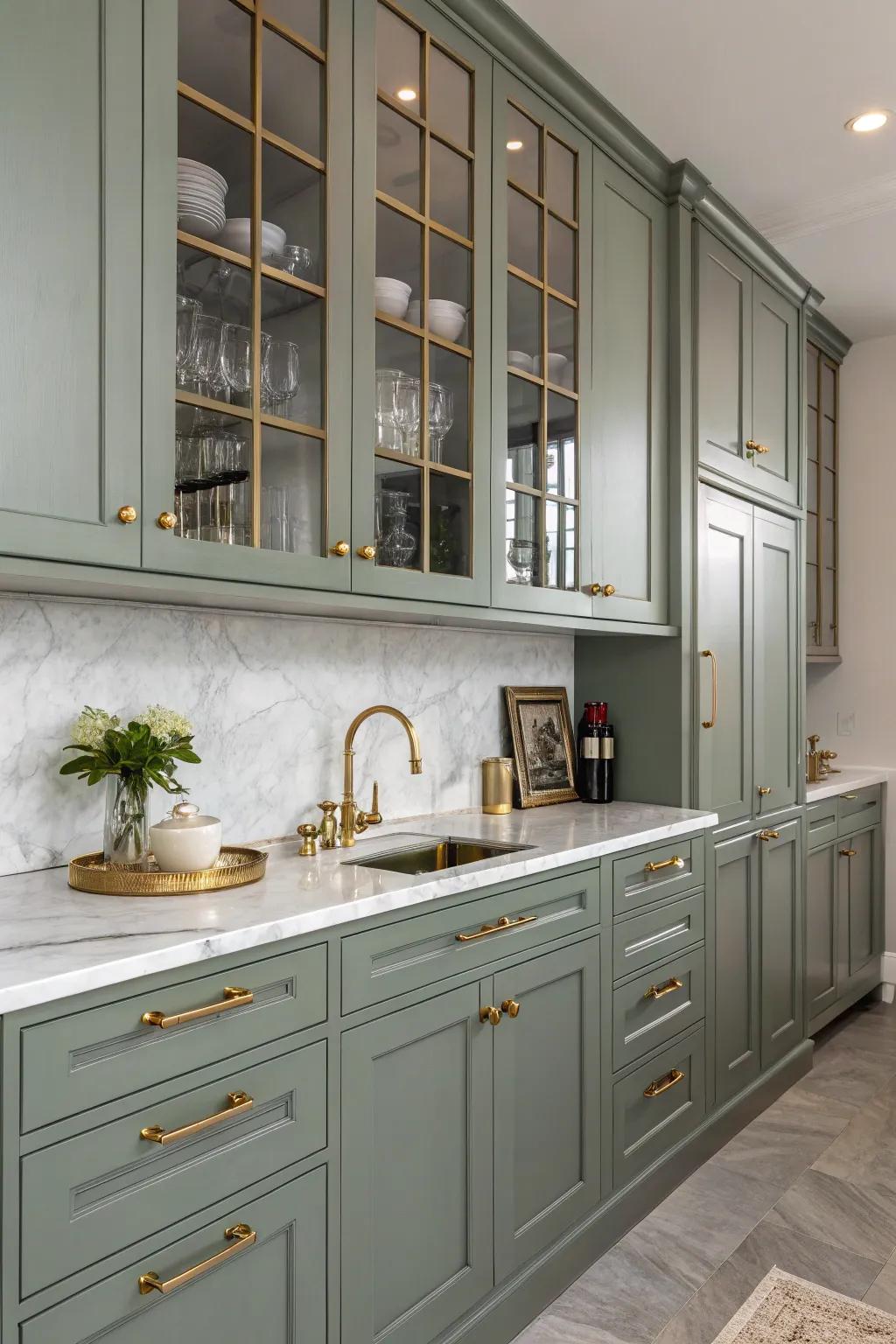 Brass accents bring understated luxury to grey-green cabinets.