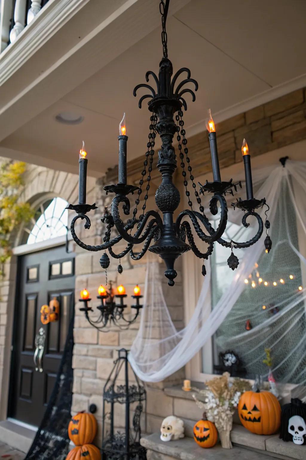 A sooty chandelier establishes a haunting tone for Halloween.