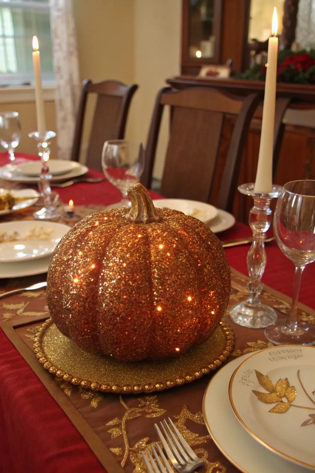 Glitter transforms pumpkins into glamorous decor pieces.