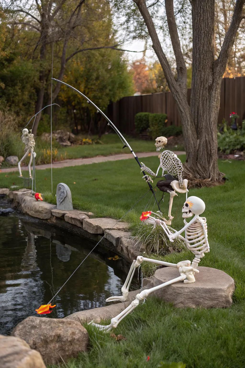 Fishing skeletons offer a peaceful and humorous addition to your Halloween setup.