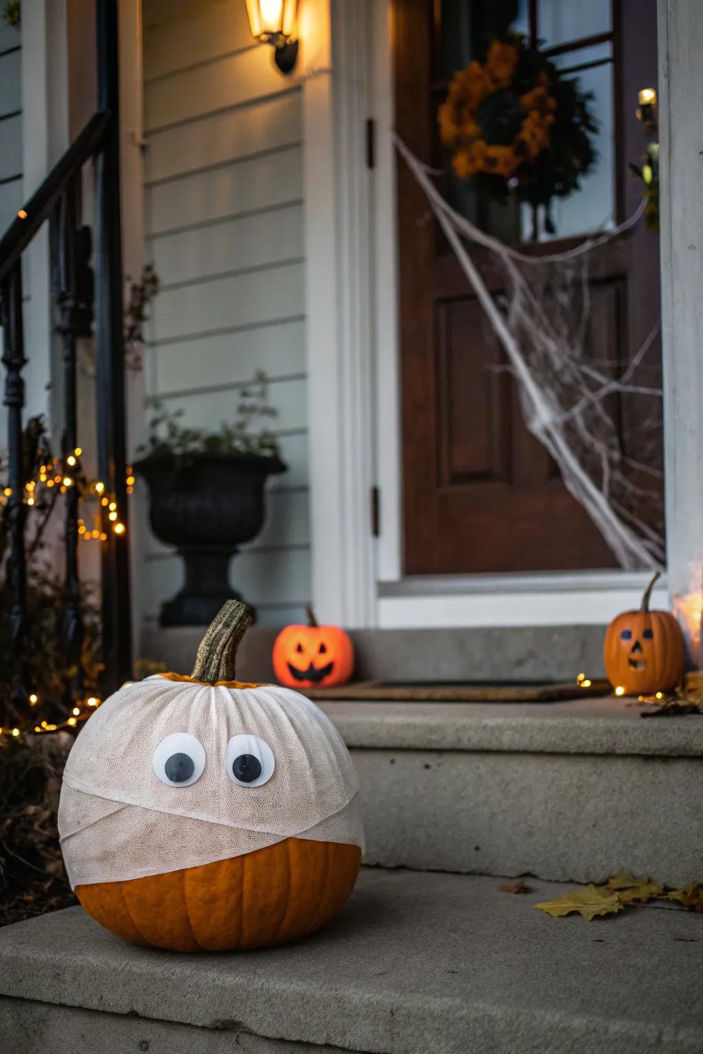 A mummy pumpkin wrapped in gauze for a spooky healthcare-themed decoration.