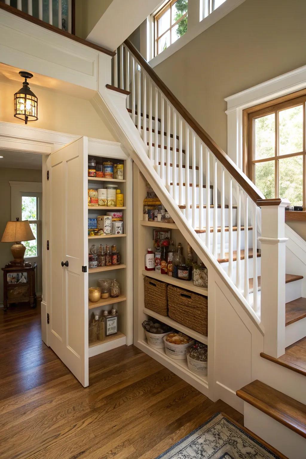 A hidden pantry cleverly tucked away under the stairs.