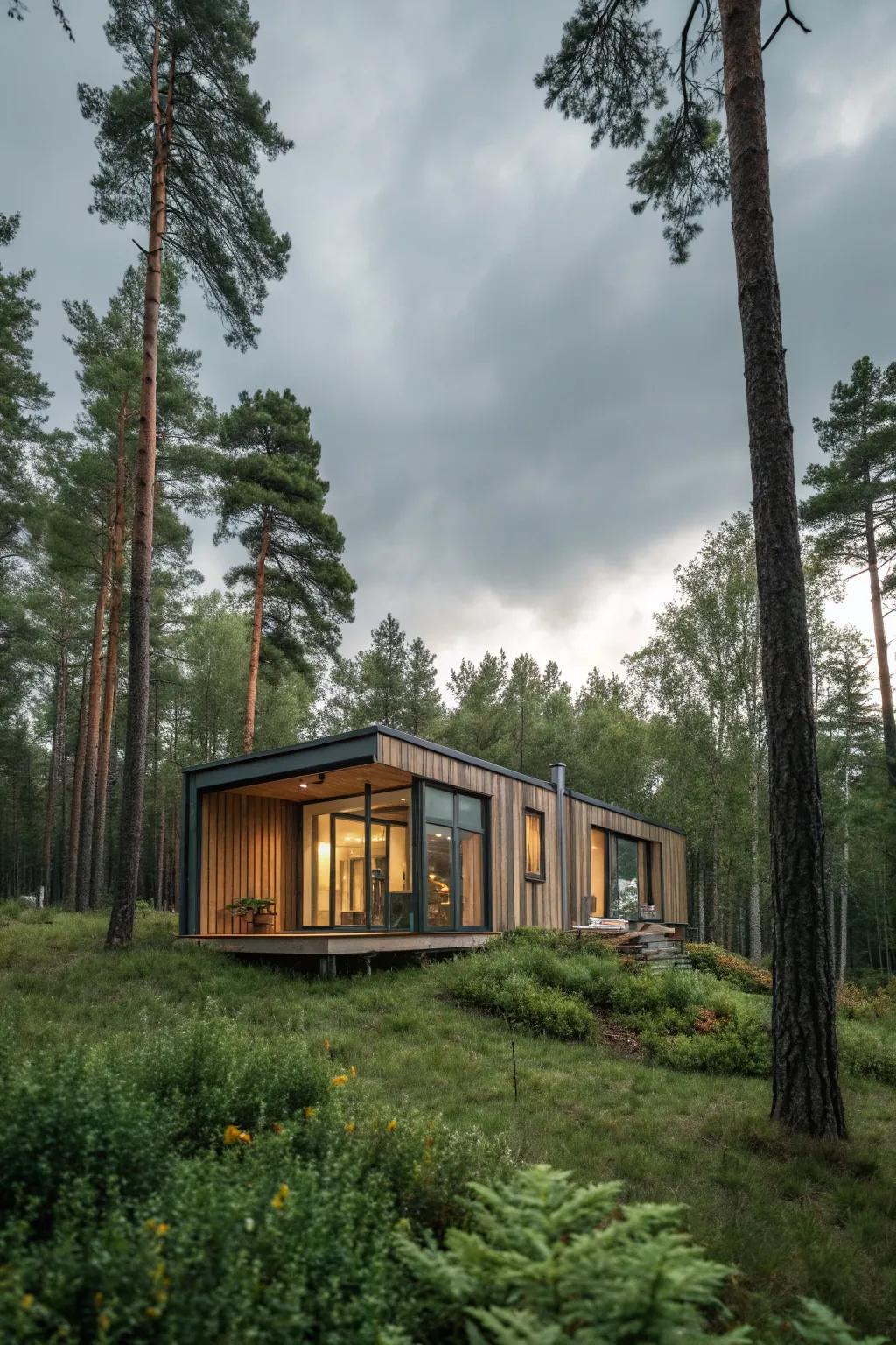 A modular dwelling harmonizing with its natural surroundings.