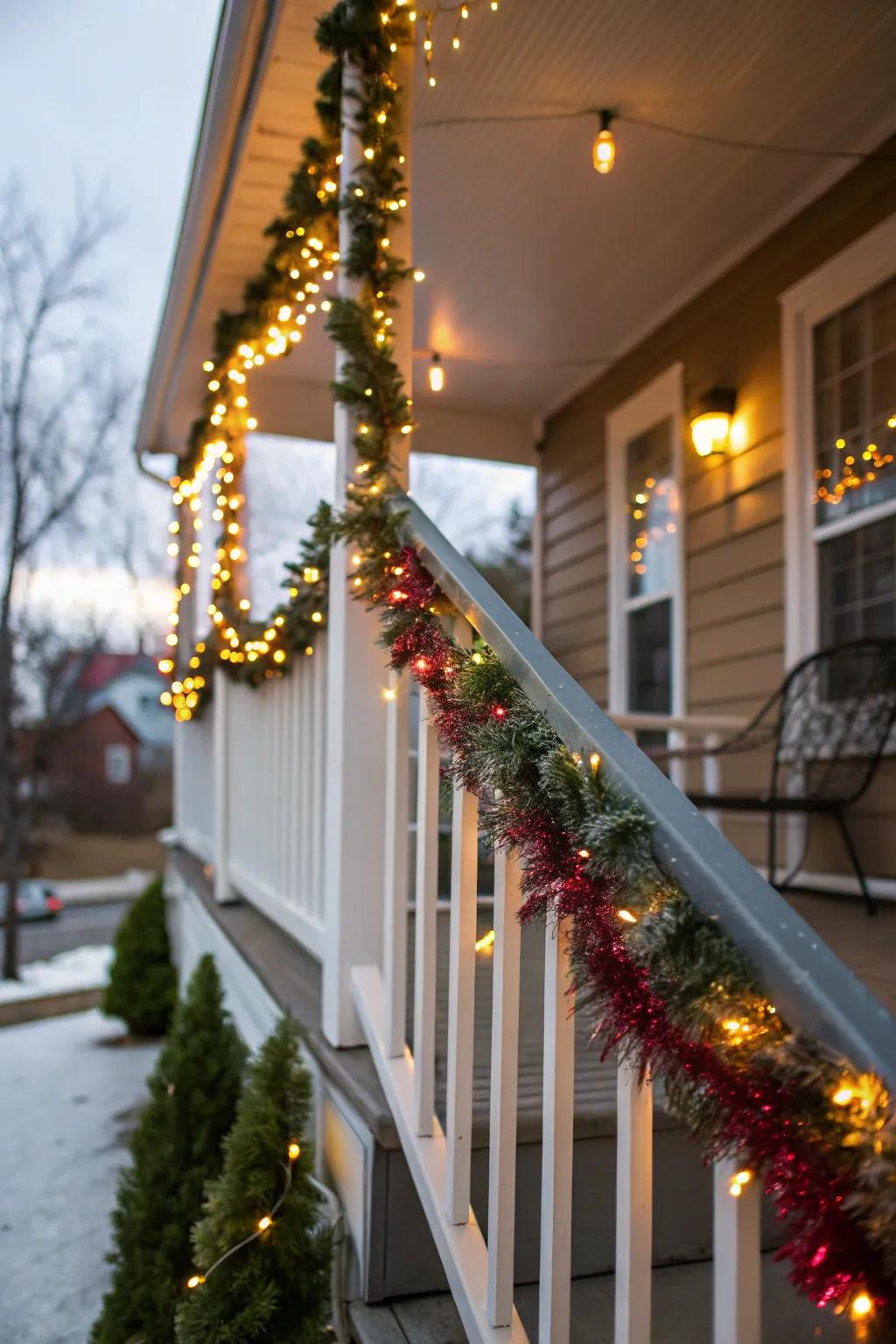 A yard with railings delightfully adorned with glittery chain decorations.