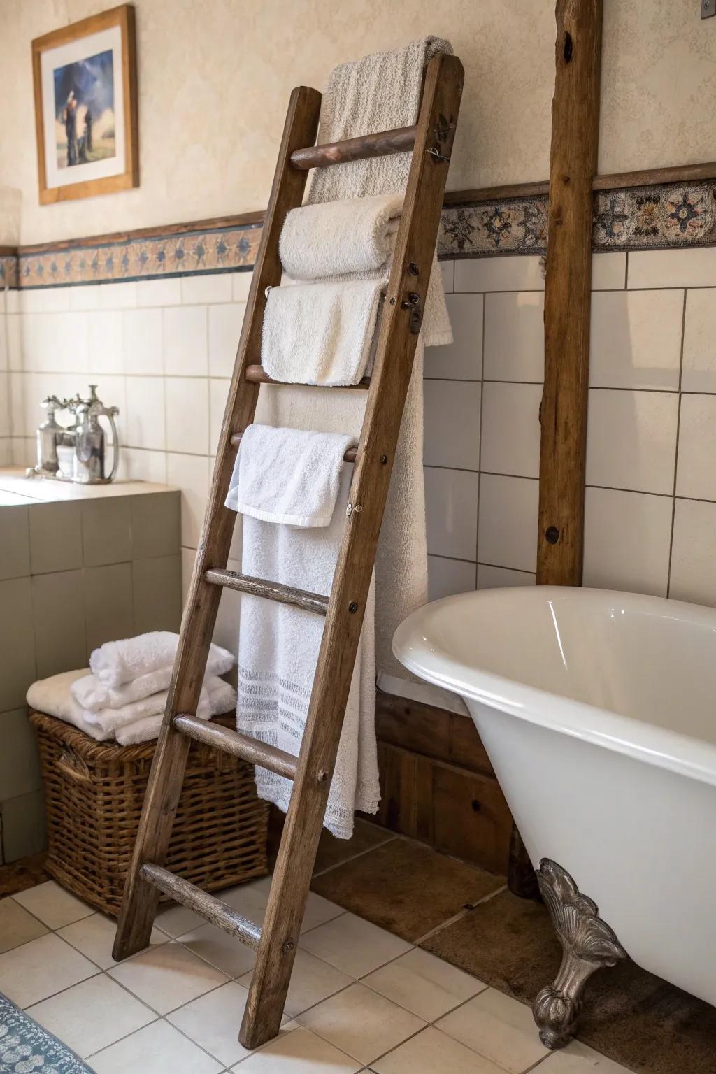 A vintage ladder adds unique charm and practicality to towel displays.