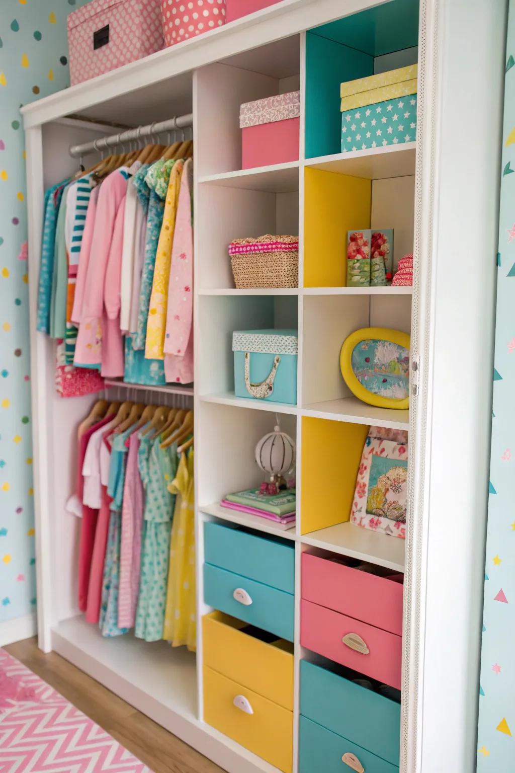 A vibrant color scheme adds energy and fun to a closet.