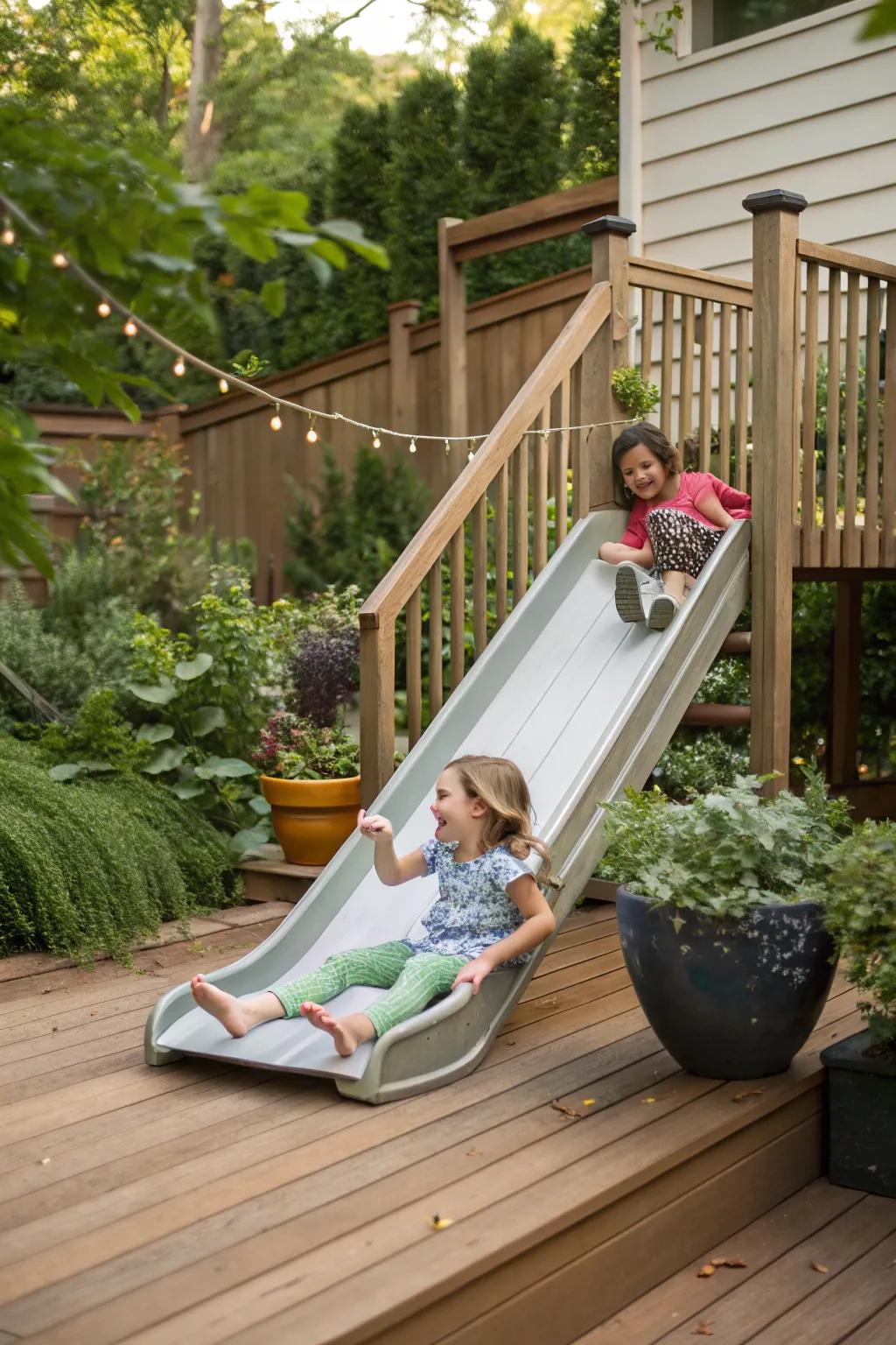 A deck with a mini slide attached where children are sliding down joyfully.