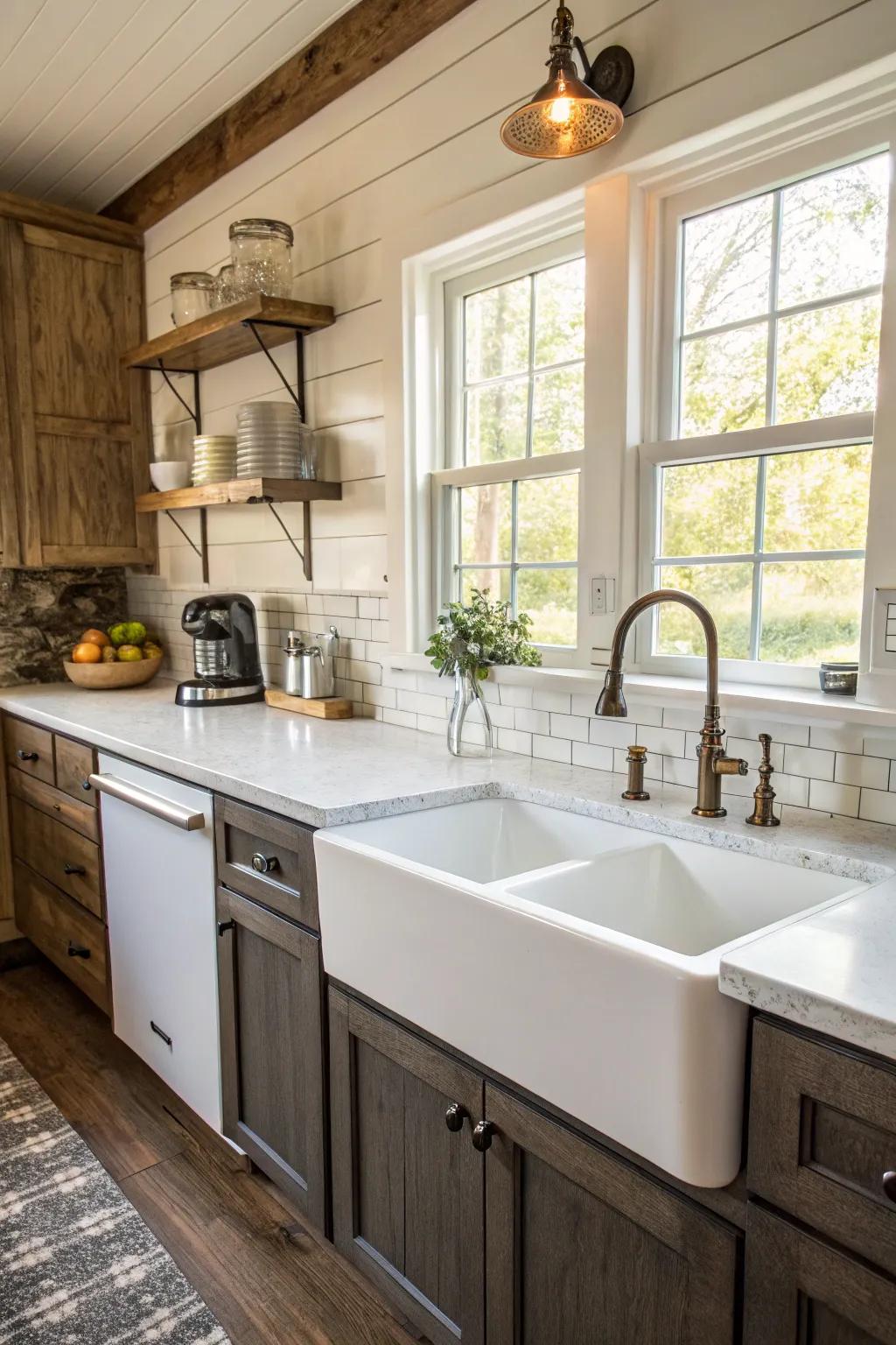 A farmhouse sink combines practicality with rustic charm.