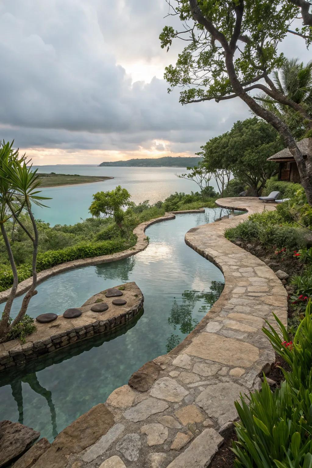 Natural stone adds an earthy, timeless appeal to lagoon pools.