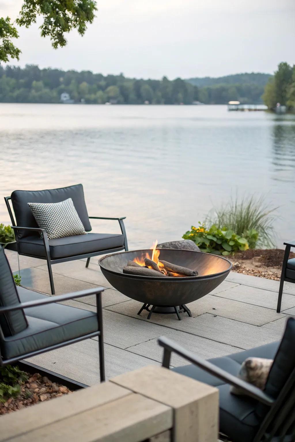 A minimalist metal fire pit brings a touch of modern elegance to your lakeside.