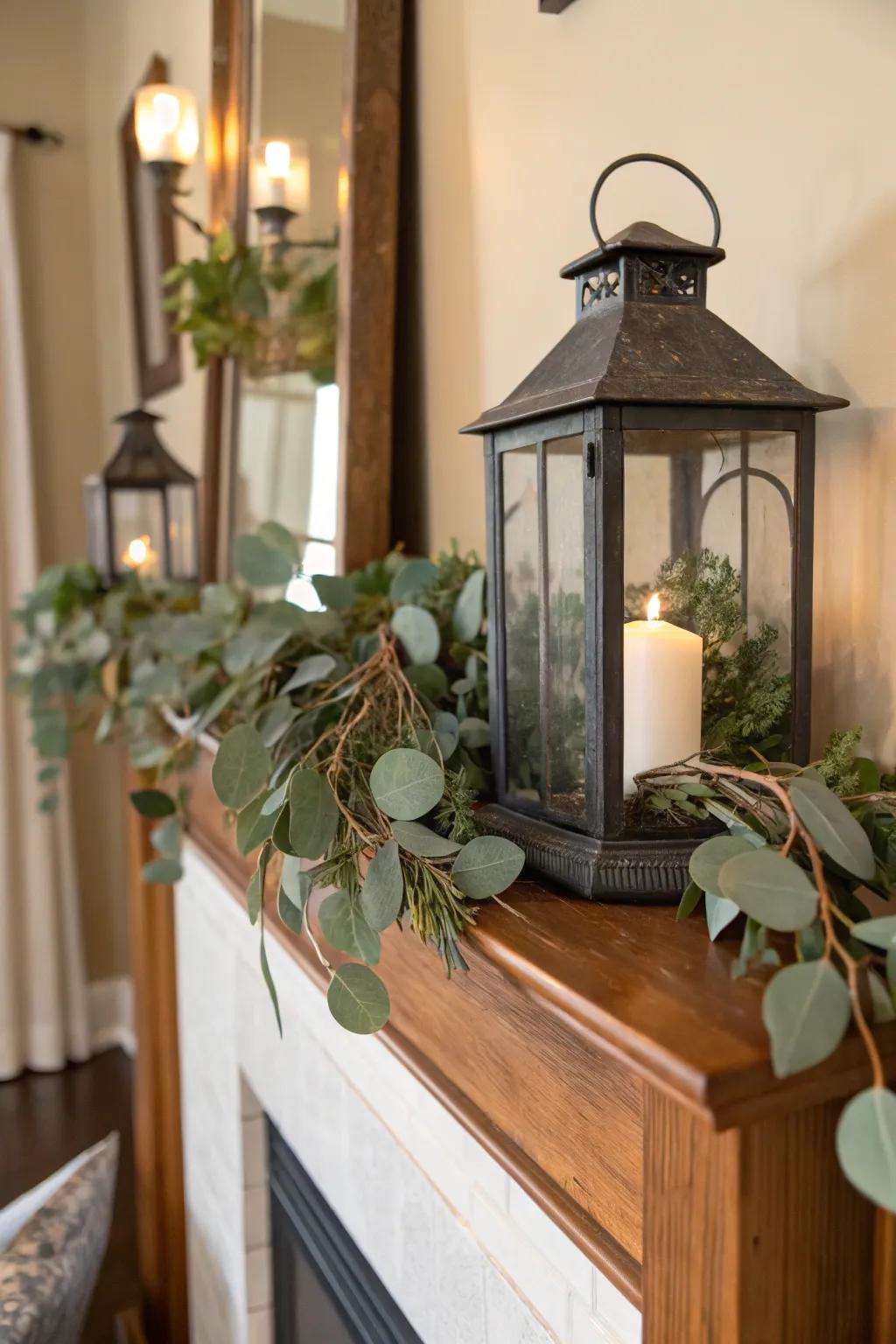 A lantern wrapped in eucalyptus for a refreshing touch.