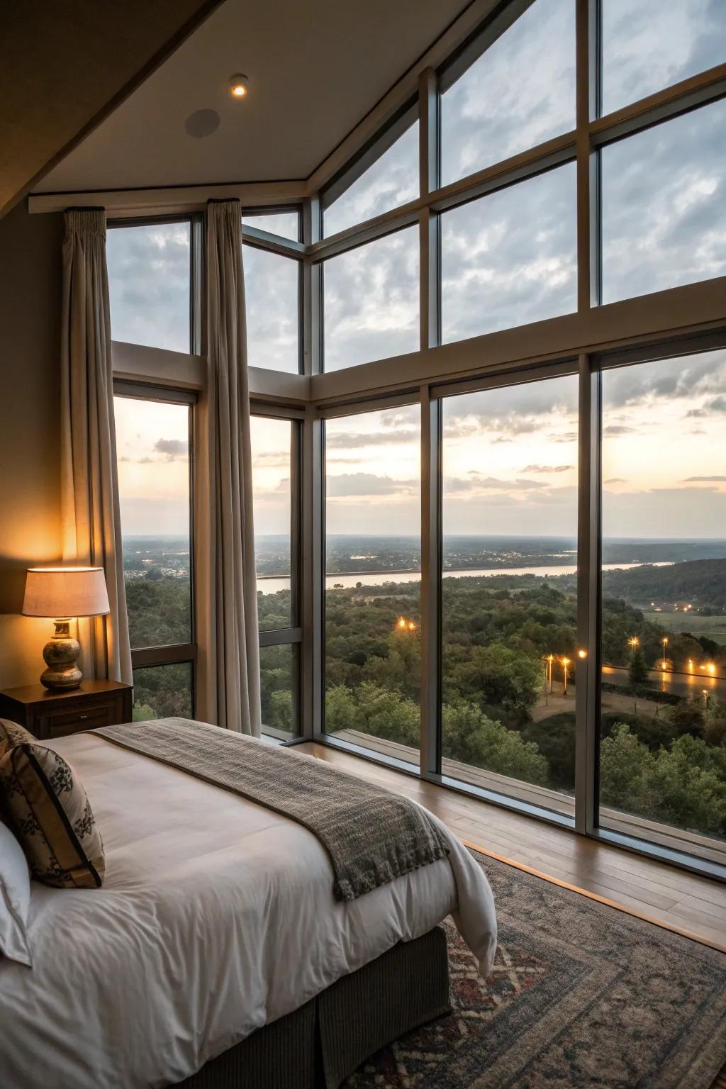 Floor-to-ceiling windows creating a dramatic and light-filled bedroom.