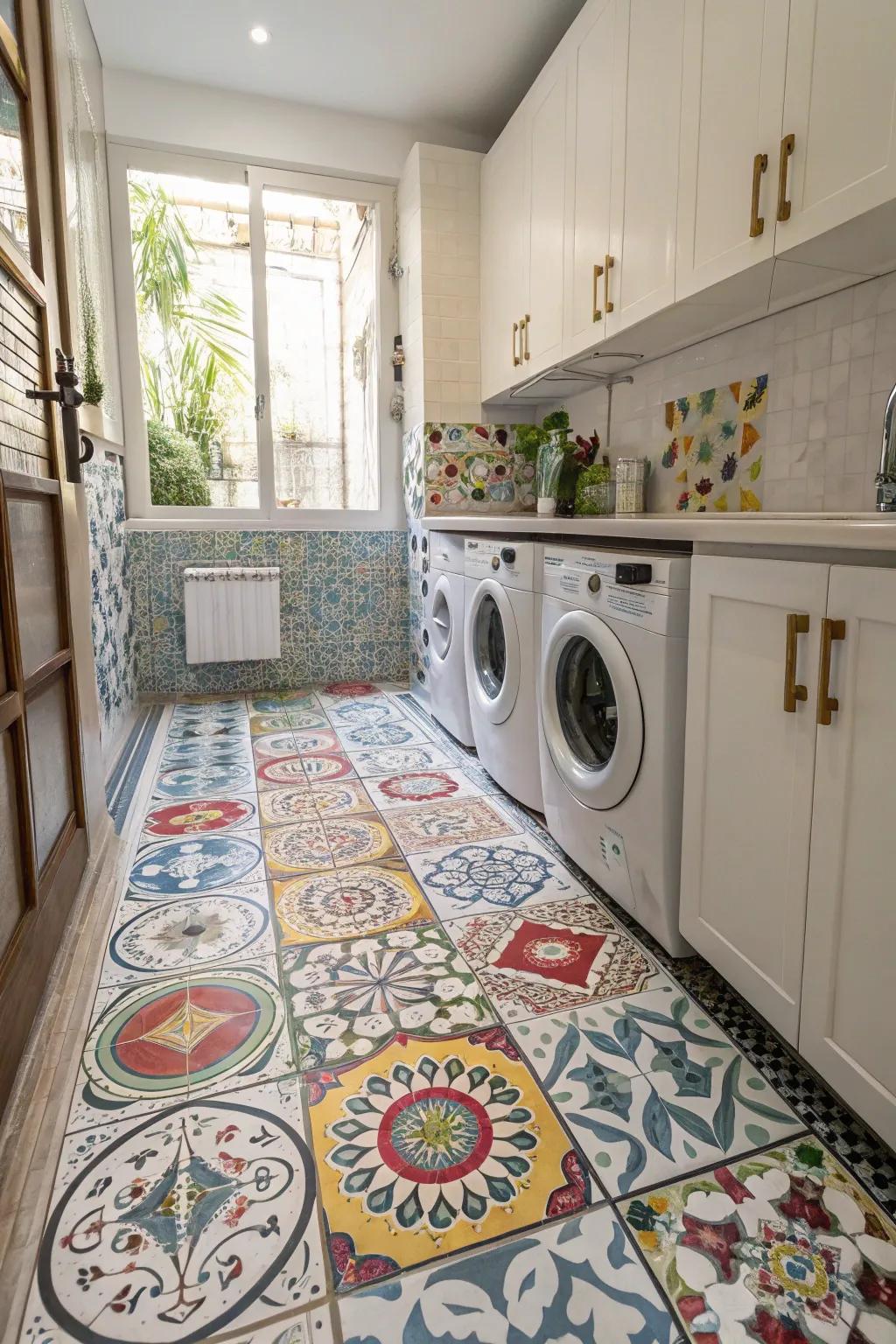 Mosaic tiles bring unique stories to the laundry room floor.