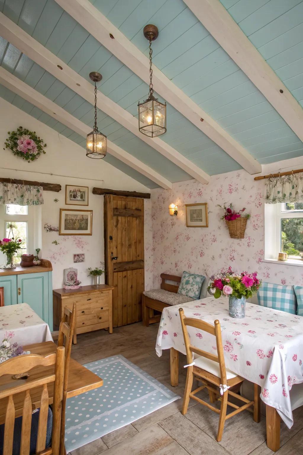 A cozy cottage-style room with a serene sky-blue ceiling.