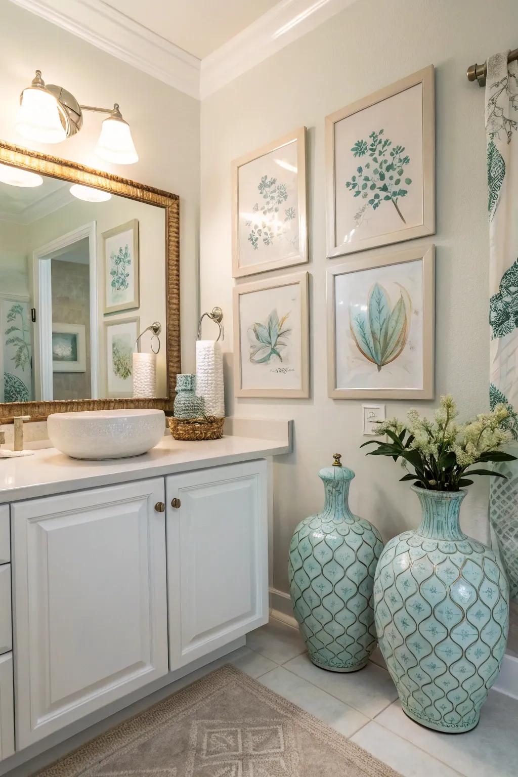 Harmonized décor elements create harmony in a light bathroom.