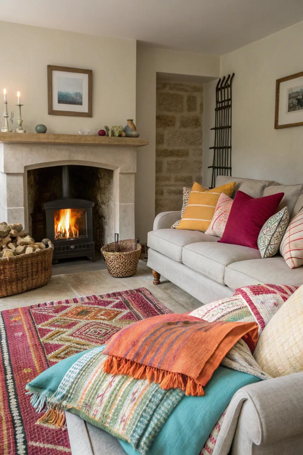 A vibrant living room with colorful accents around the fireplace.