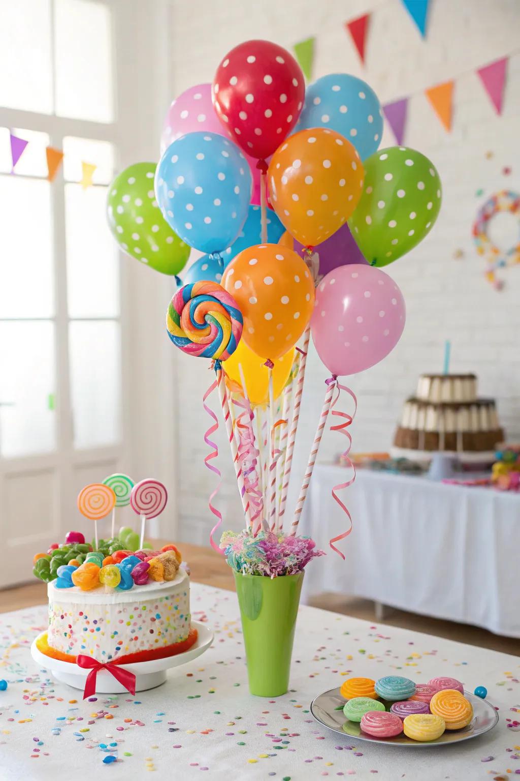 A festive lollipop bouquet with a balloon addition