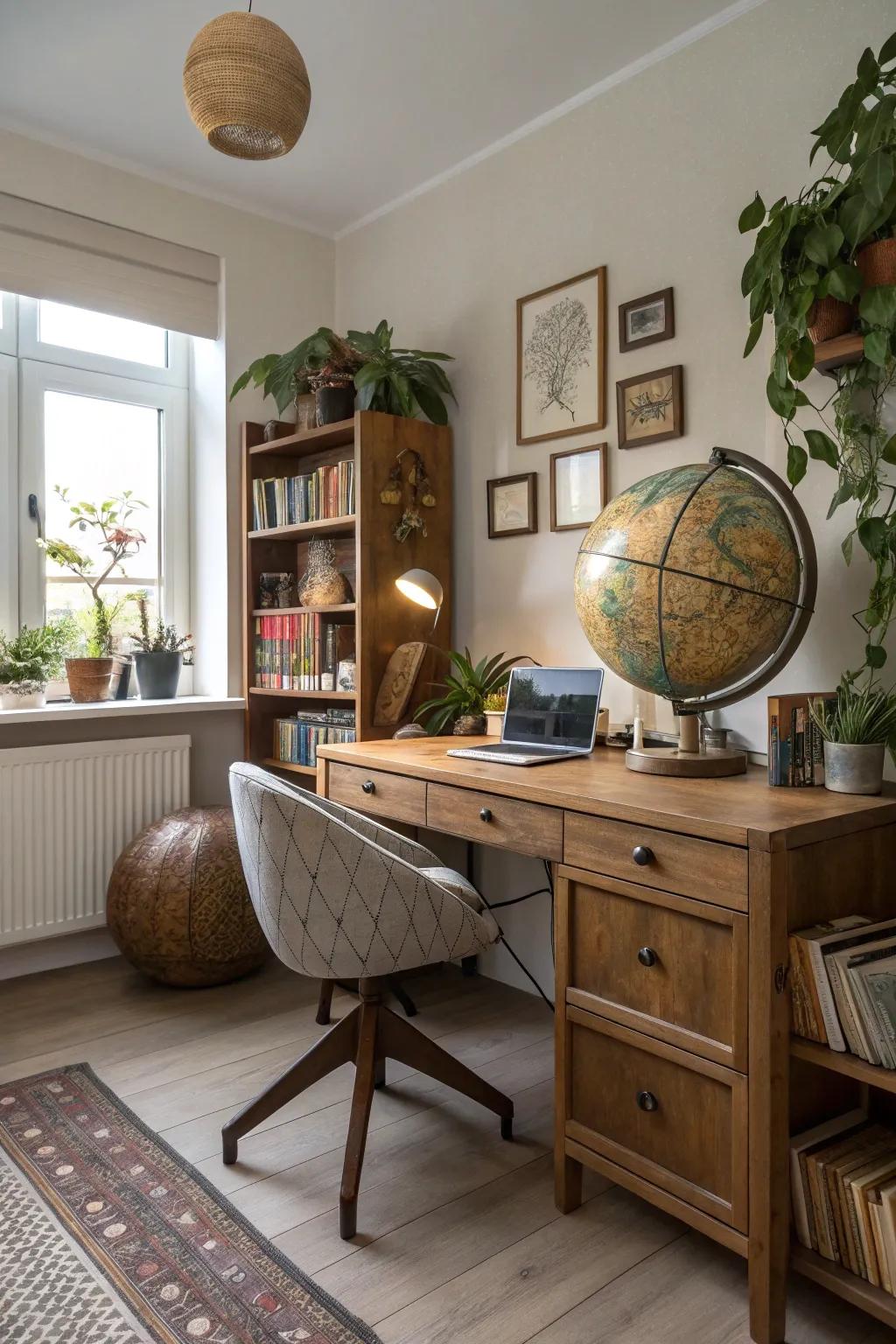 A personalized home office with unique decor items.