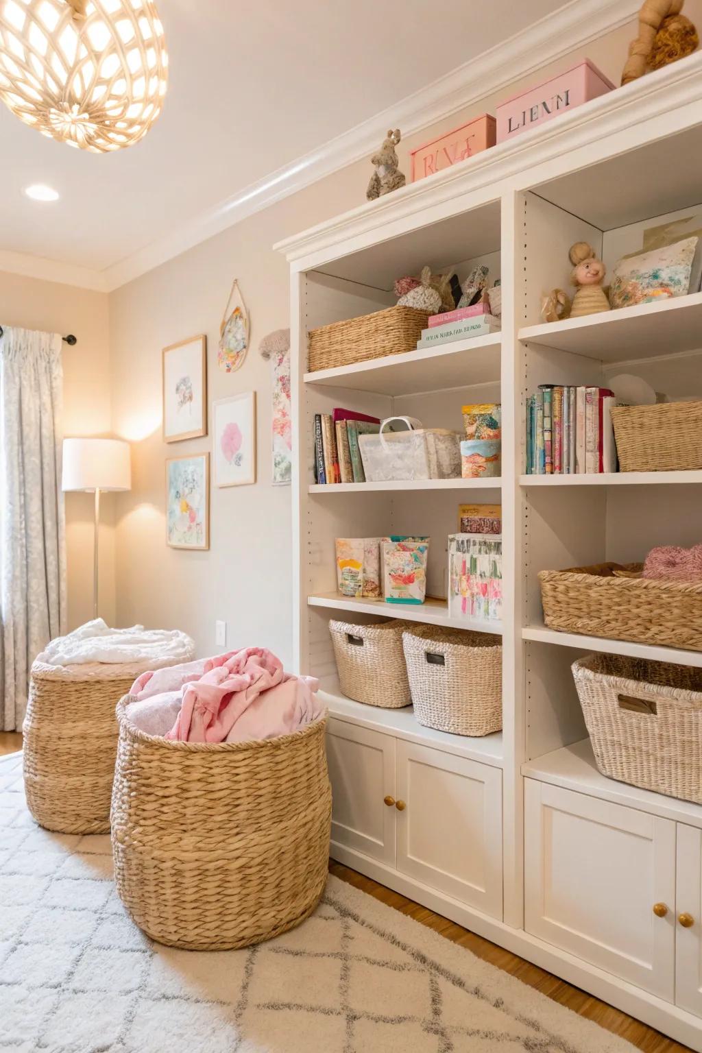 A baby room with stylish storage, using woven baskets and elegant shelves.