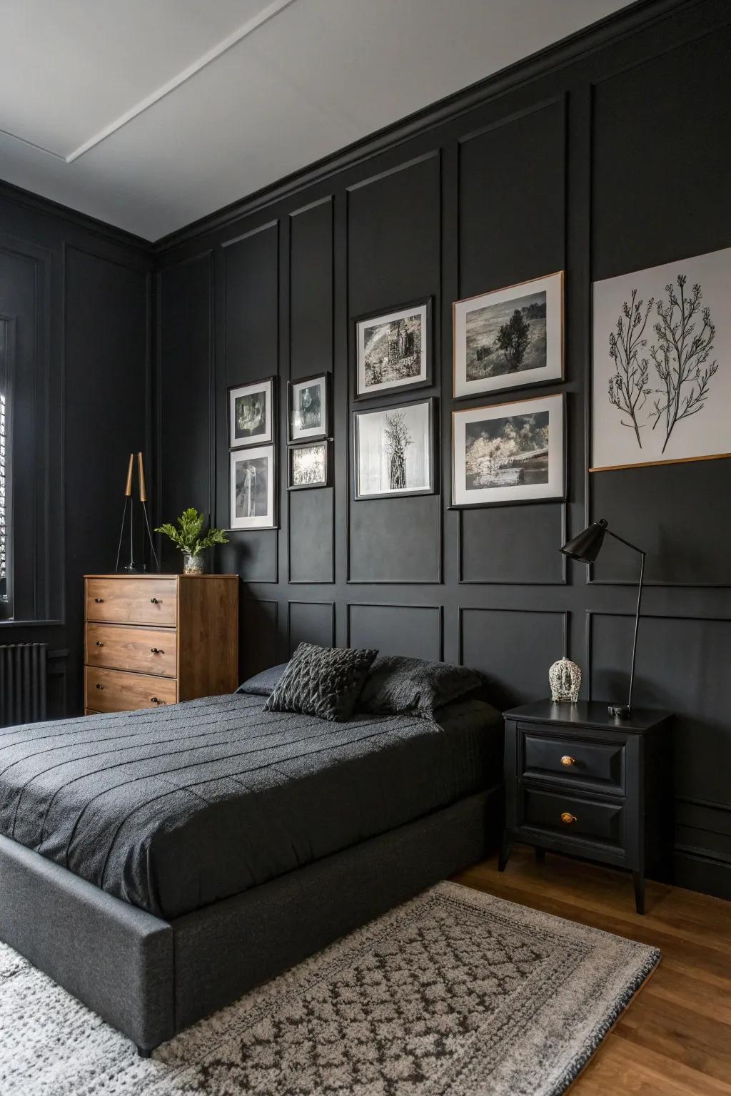 Black and white art adds sophistication and personal flair to this chic black bedroom.