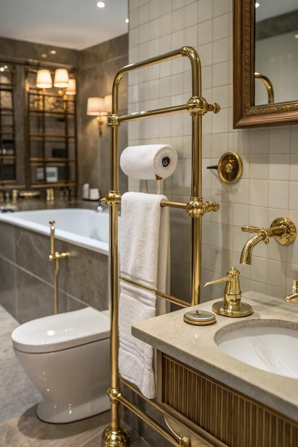 Metallic accents with brass fixtures for luxury.