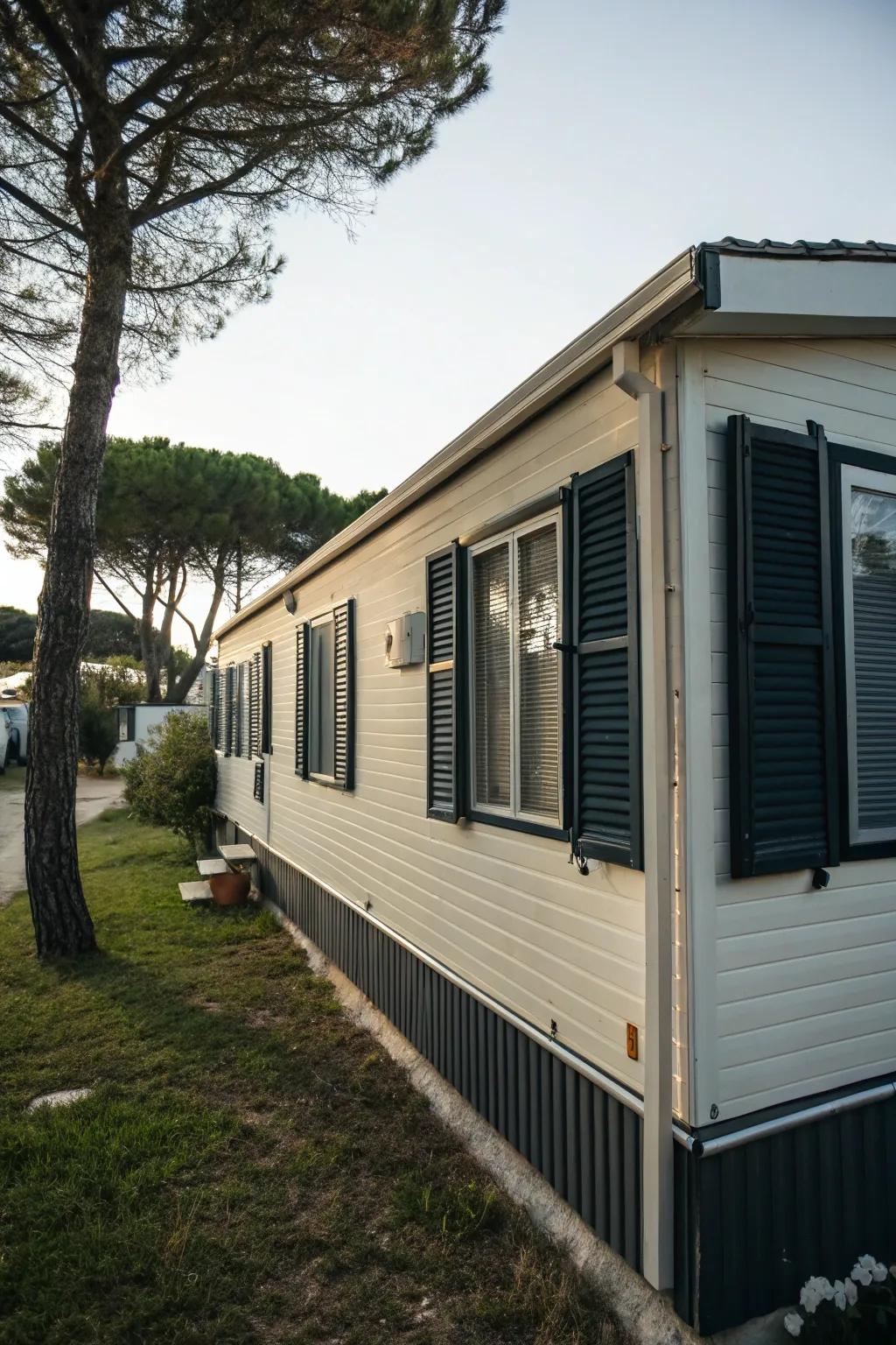 Dark shutters creating striking contrast on a mobile home.