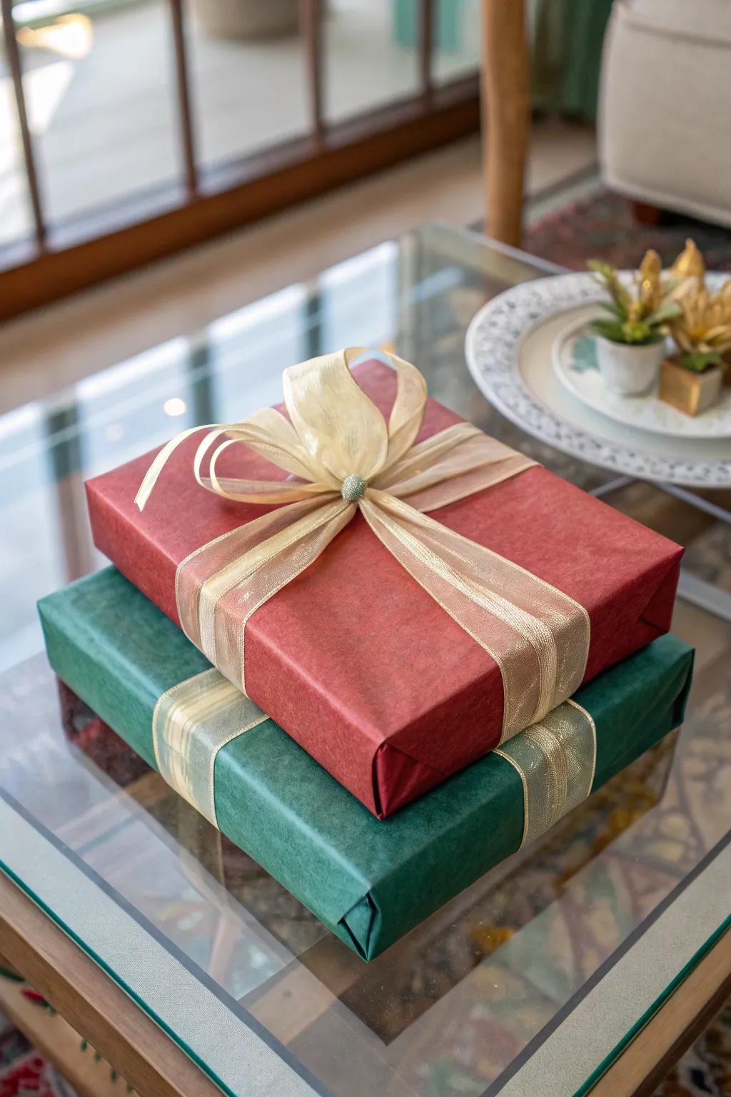 A gift wrapped in translucent layers, offering a soft and modern visual appeal.