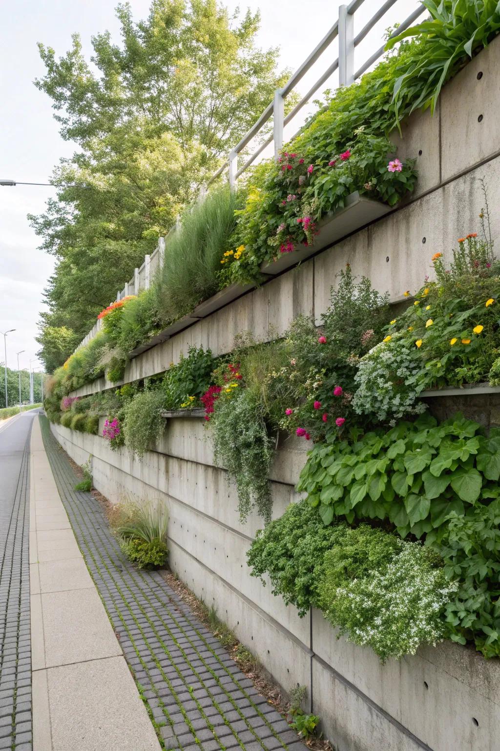 Vertical garden enhancing a concrete wall.