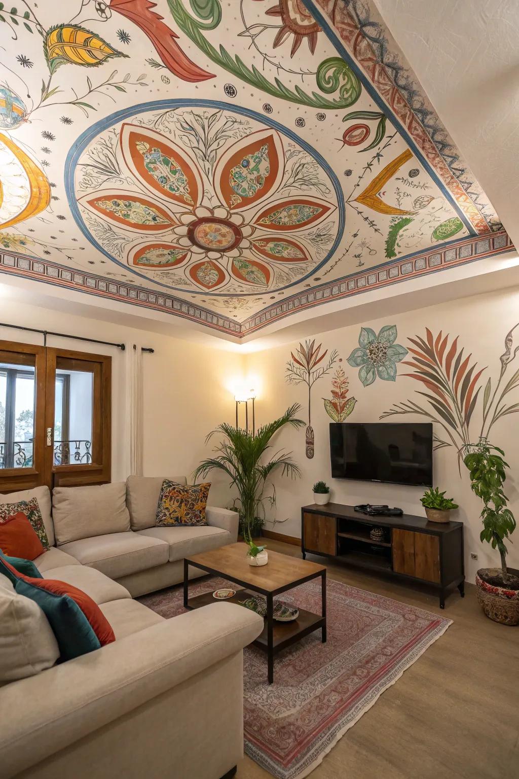 Artistic murals transform ceilings into canvases.