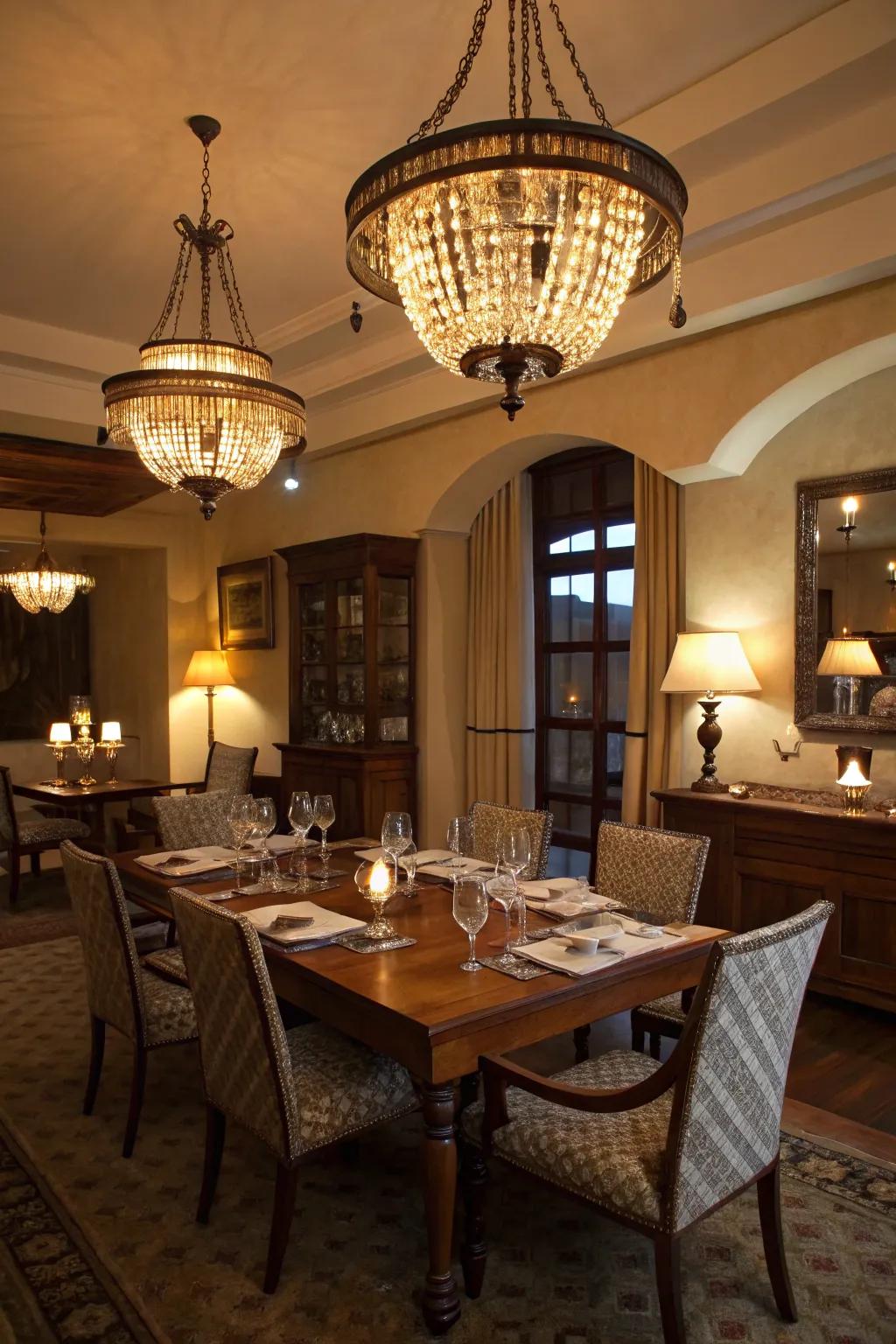 Layered lighting adds depth and warmth to a dining room.