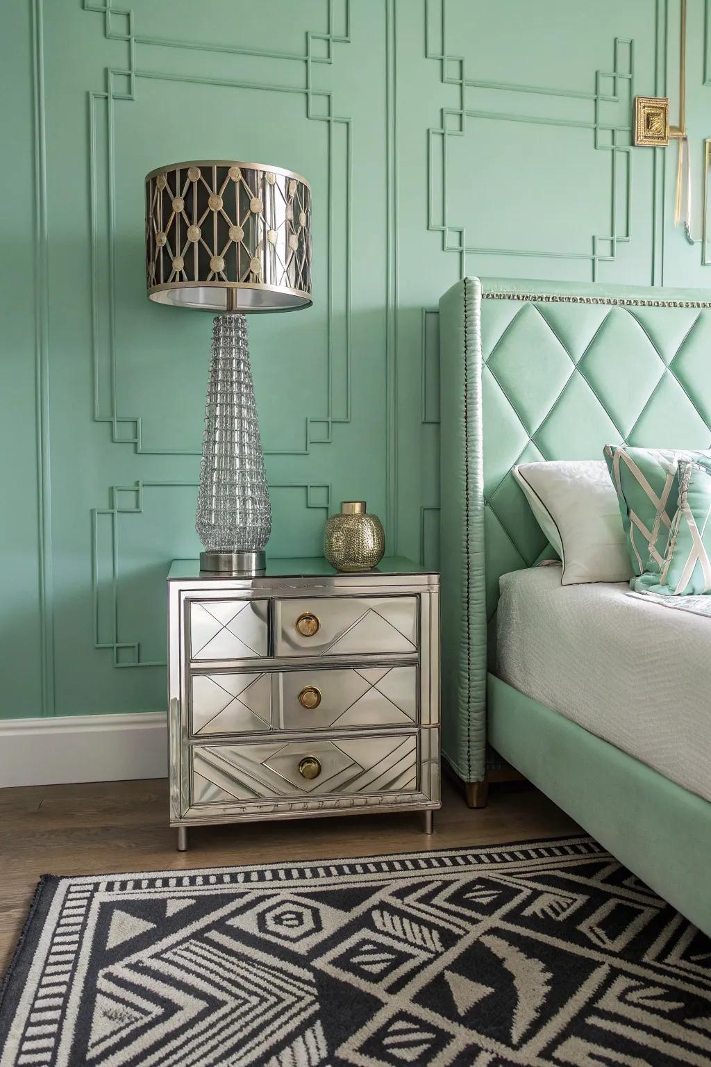 Art Deco elements in a springtime green boudoir.