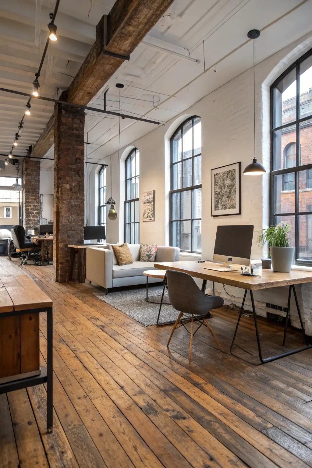 Rustic flooring grounds the design and adds warmth to the office.