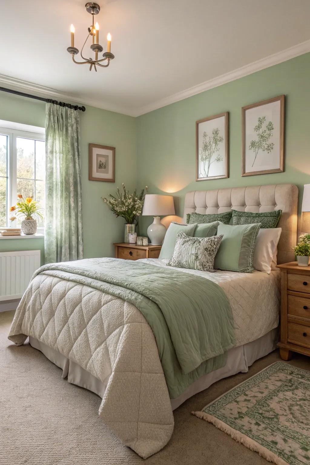 Soft lighting with sage hues enhances the room’s tranquility.