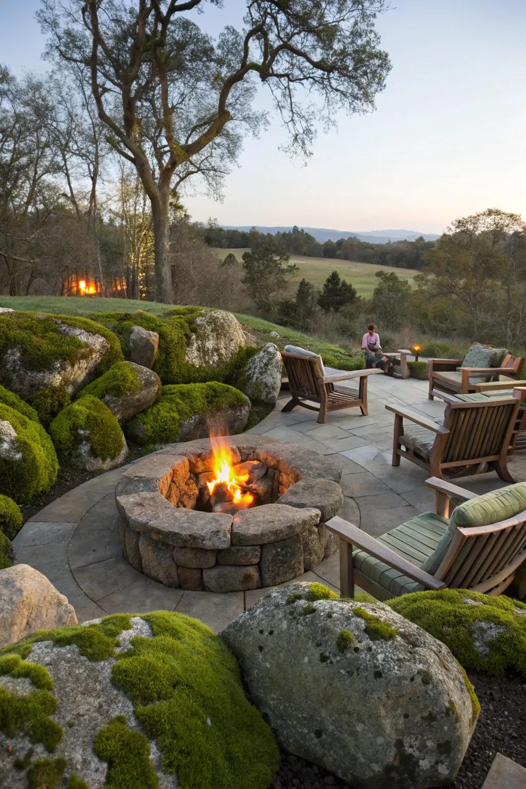 An inviting bonfire spot bordered by lush lichen rocks.