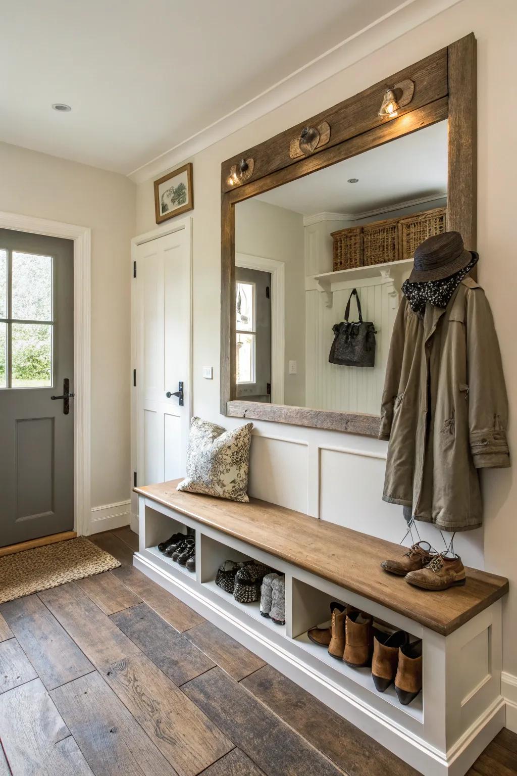 A spacious mudroom bench area enhanced by a strategic mirror.